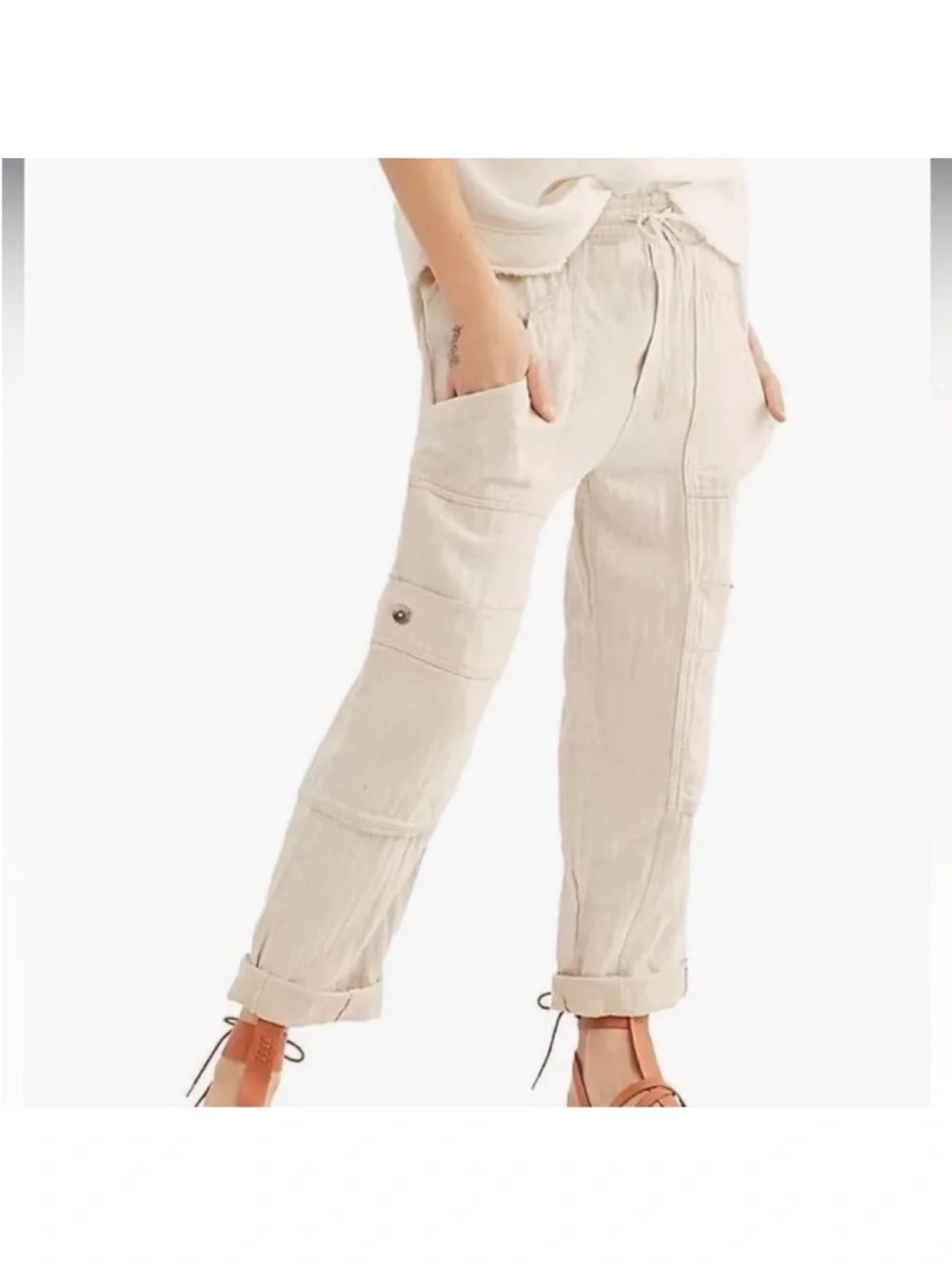 Free People Small Pants Feelin' Good Linen Blend Utility Pockets in Natural NWT